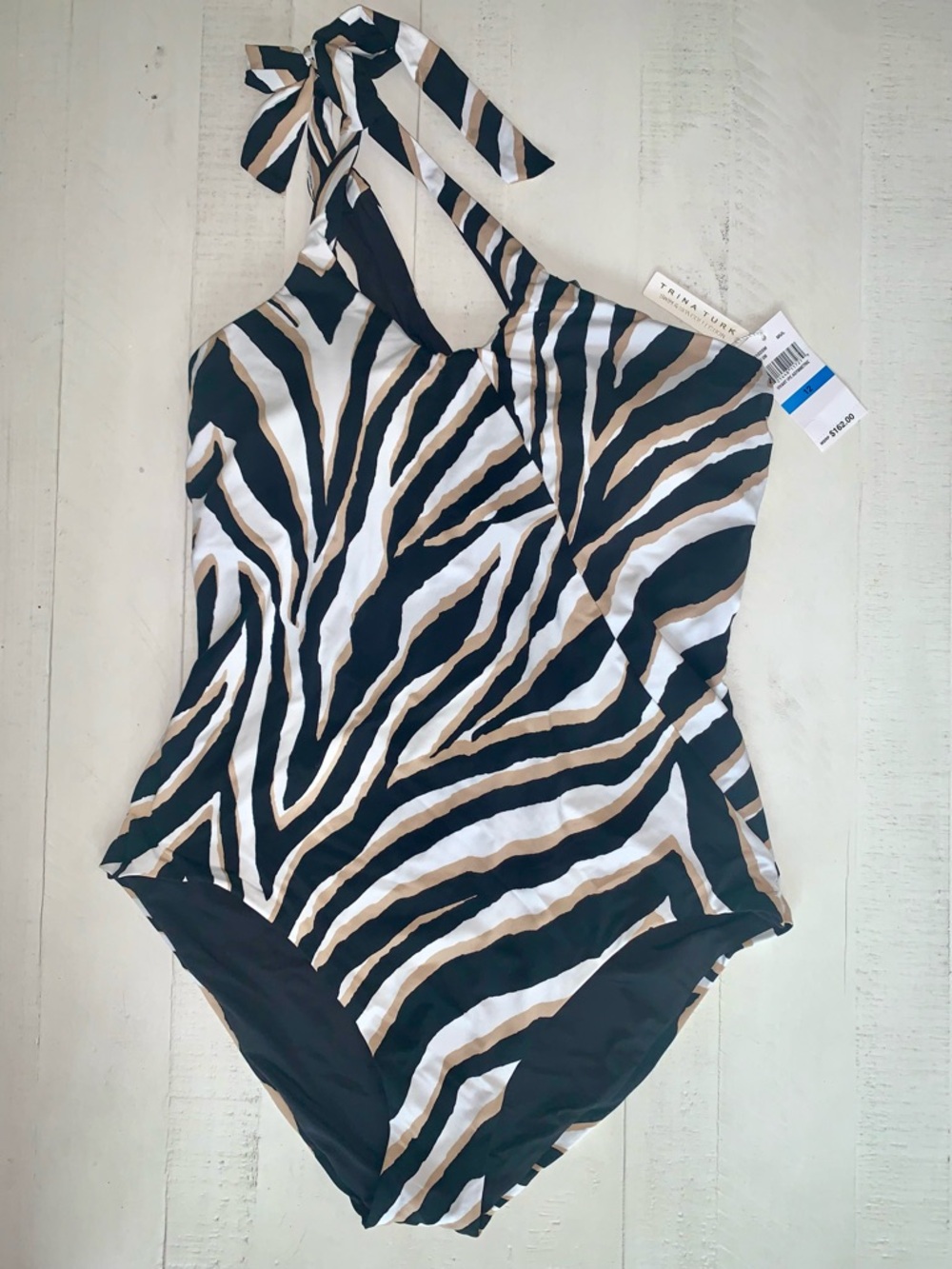 Trina Turk Black White Tan Zebra-Stripe One-Piece Swimsuit